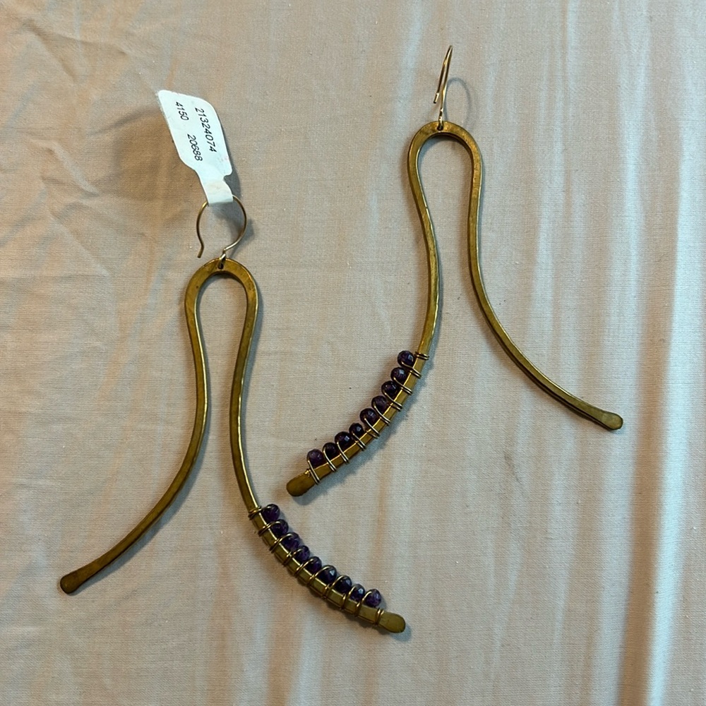 Anthropologie Brass Drop Earrings with Purple Beads